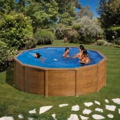 GRE Piscine Ronde Acier Gré Sicilia Imitation Bois - Ø 4,60 X 1,20 M -Intex Soldes Magasin kitpr453w piscine ronde acier gre sicilia imitation bois 460 120 ambiance 2